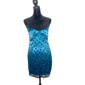 Wild Fable Teal Mini Slip Dress Size 2 Black Butterfly Lace Trim Y2K Coquette‎